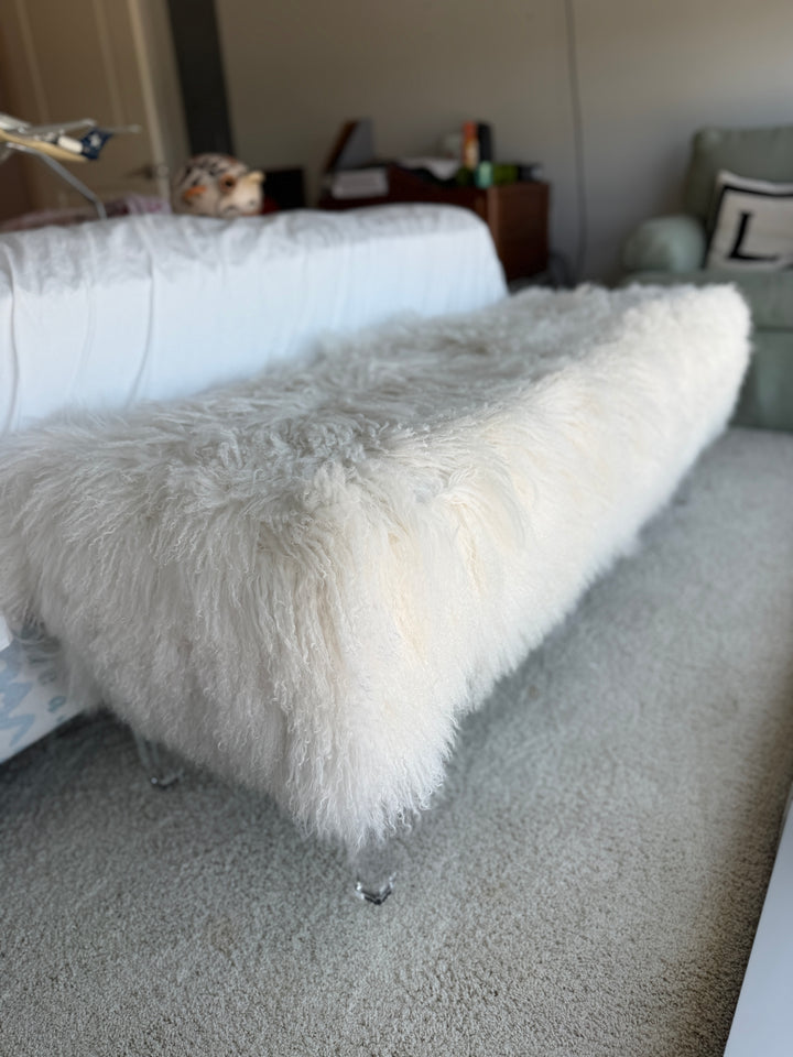 Mongolian Lamb Fur Bench with Lucite Legs