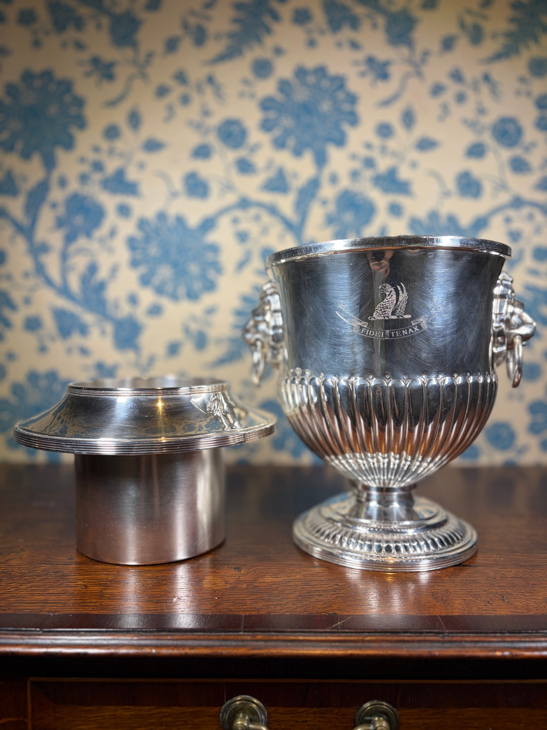 Vintage Sheffield Silver Plate Champagne Bucket with Lion Handles "Fidei Tenax"