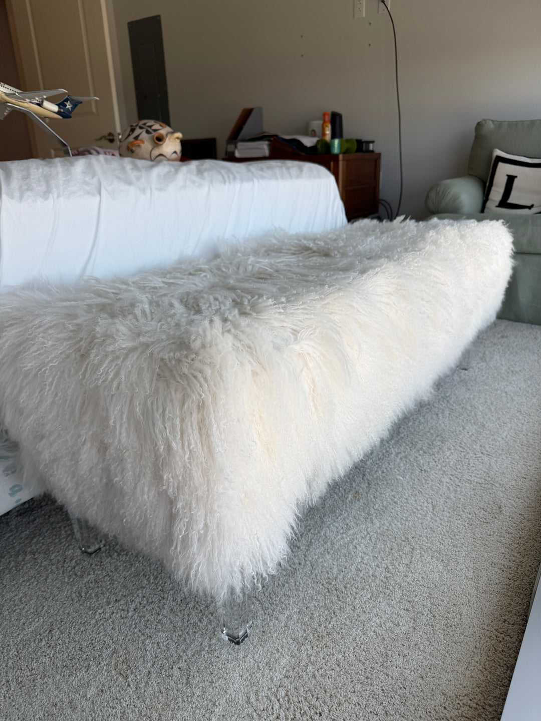 Mongolian Lamb Fur Bench with Lucite Legs