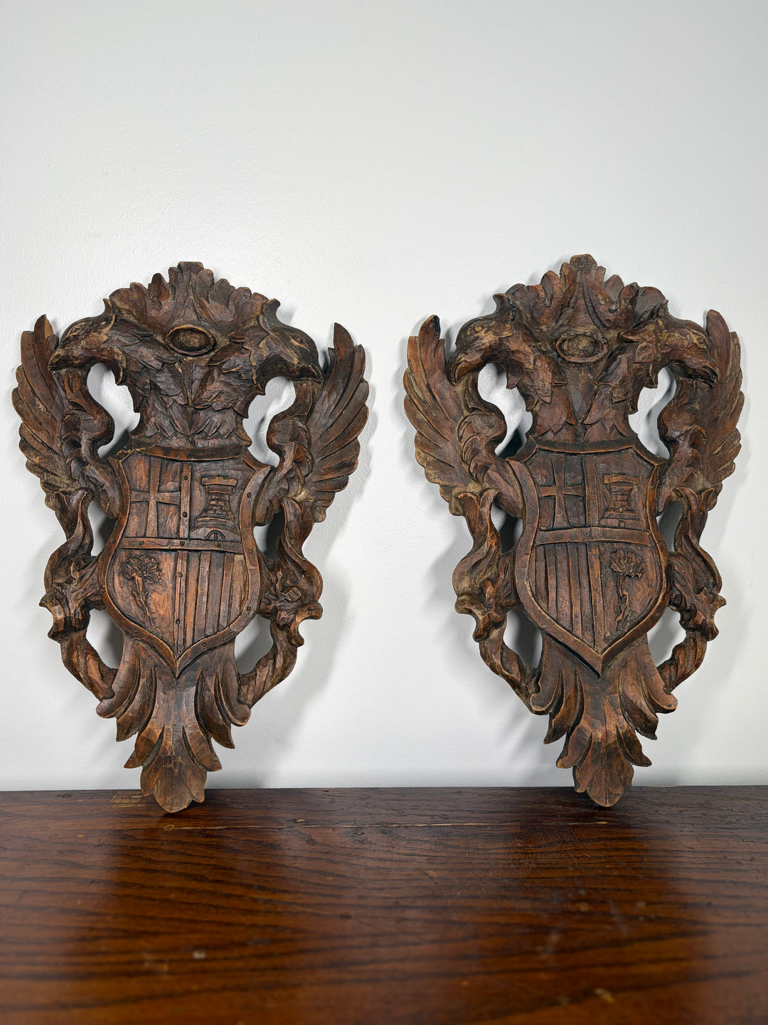 Pair of Carved Wood Heraldic Eagle & Shield Wall Plaques