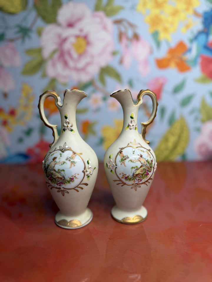 Set of 2 1960s Japanese Hand Painted Bud Vases