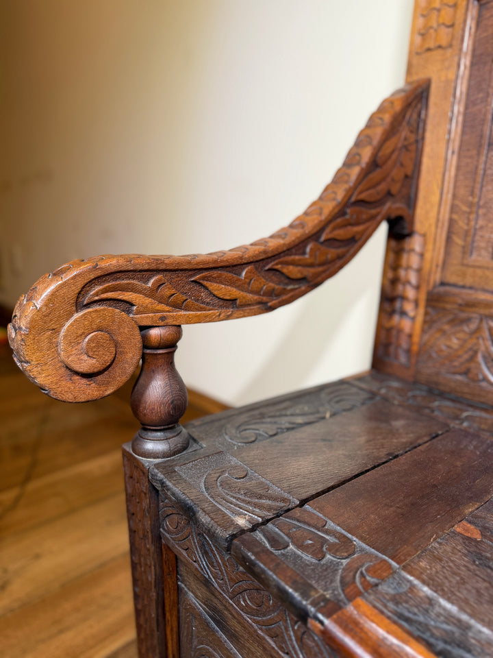 Antique Carved Oak Hall Bench