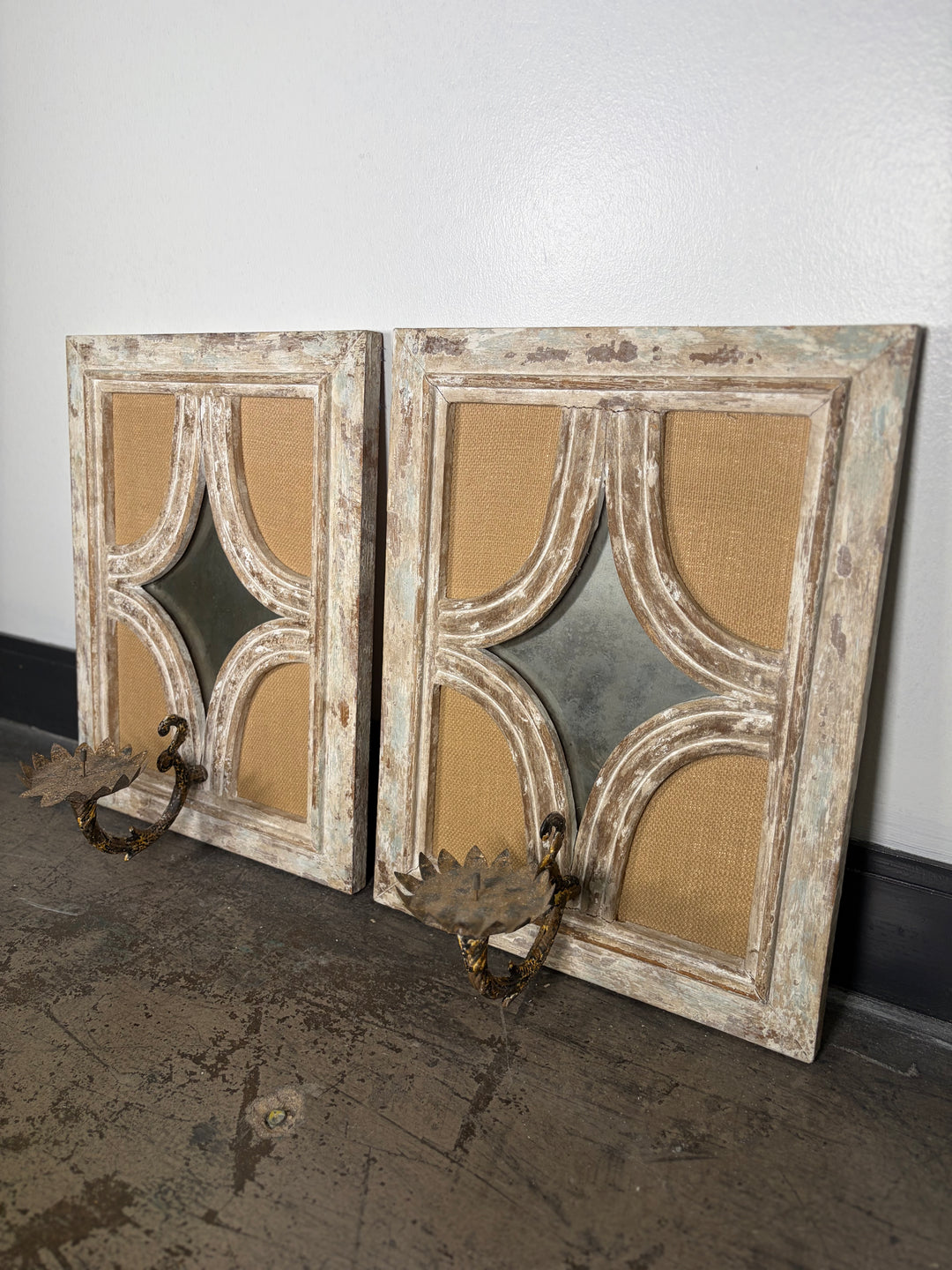Pair of Distressed Wood Wall Candle Sconces with Burlap Panels