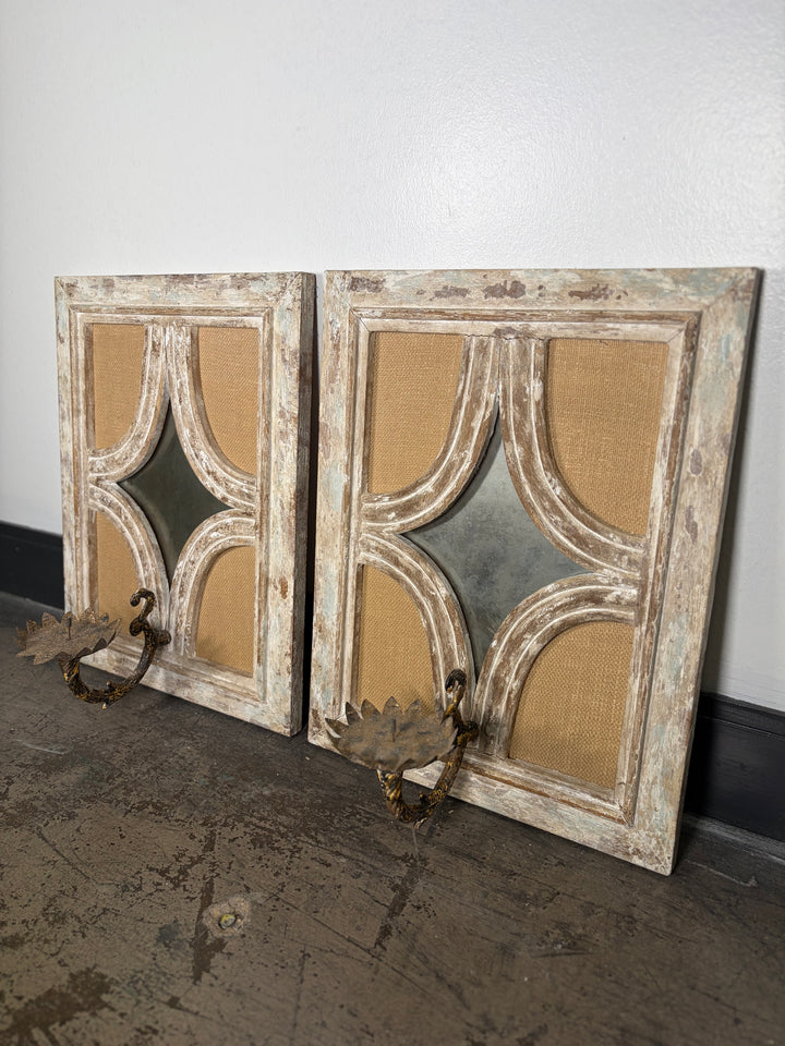 Pair of Distressed Wood Wall Candle Sconces with Burlap Panels