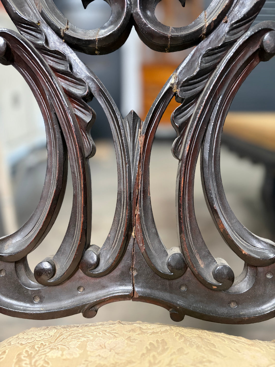 Ebonized Baroque-Style Carved Side Chair with Cream Damask Seat