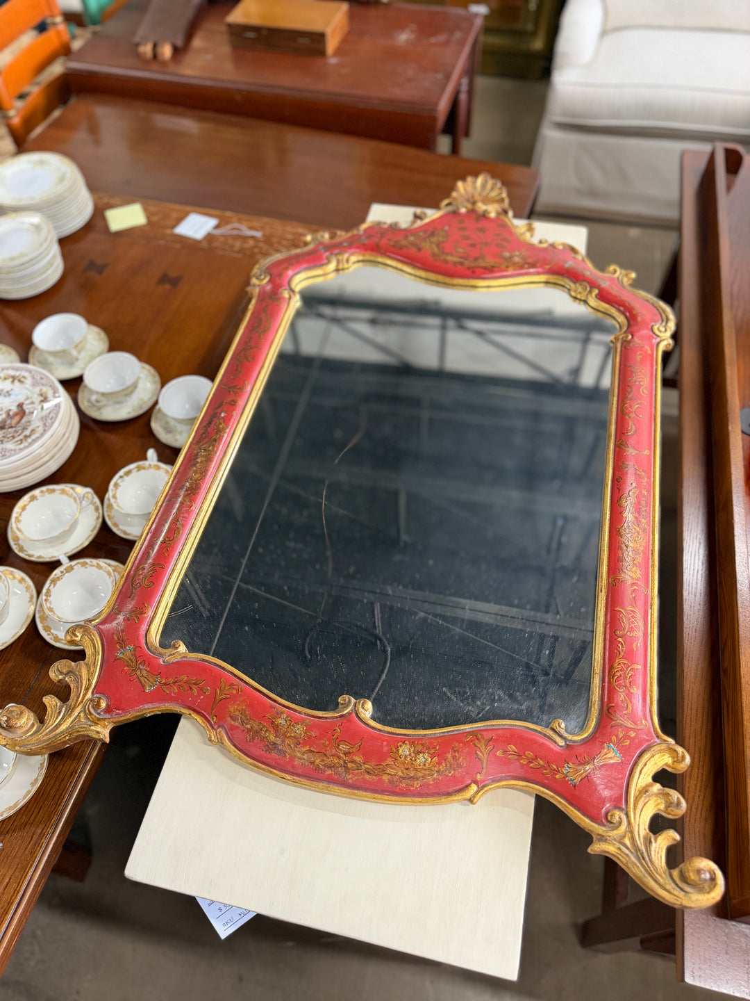 20th Century Hand Carved Gilt and Red Painted Mirror