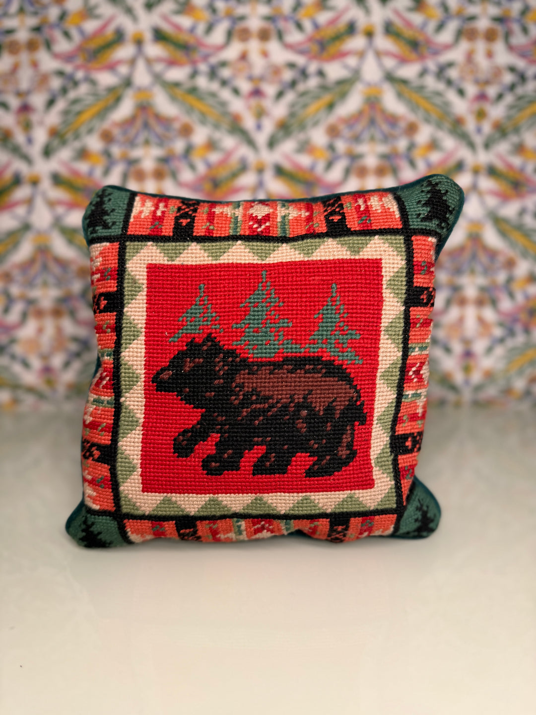 Needlepoint Bear & Pine Tree Accent Pillow