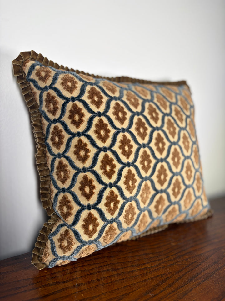 Geometric Cut Velvet Decorative Pillow with Pleated Trim