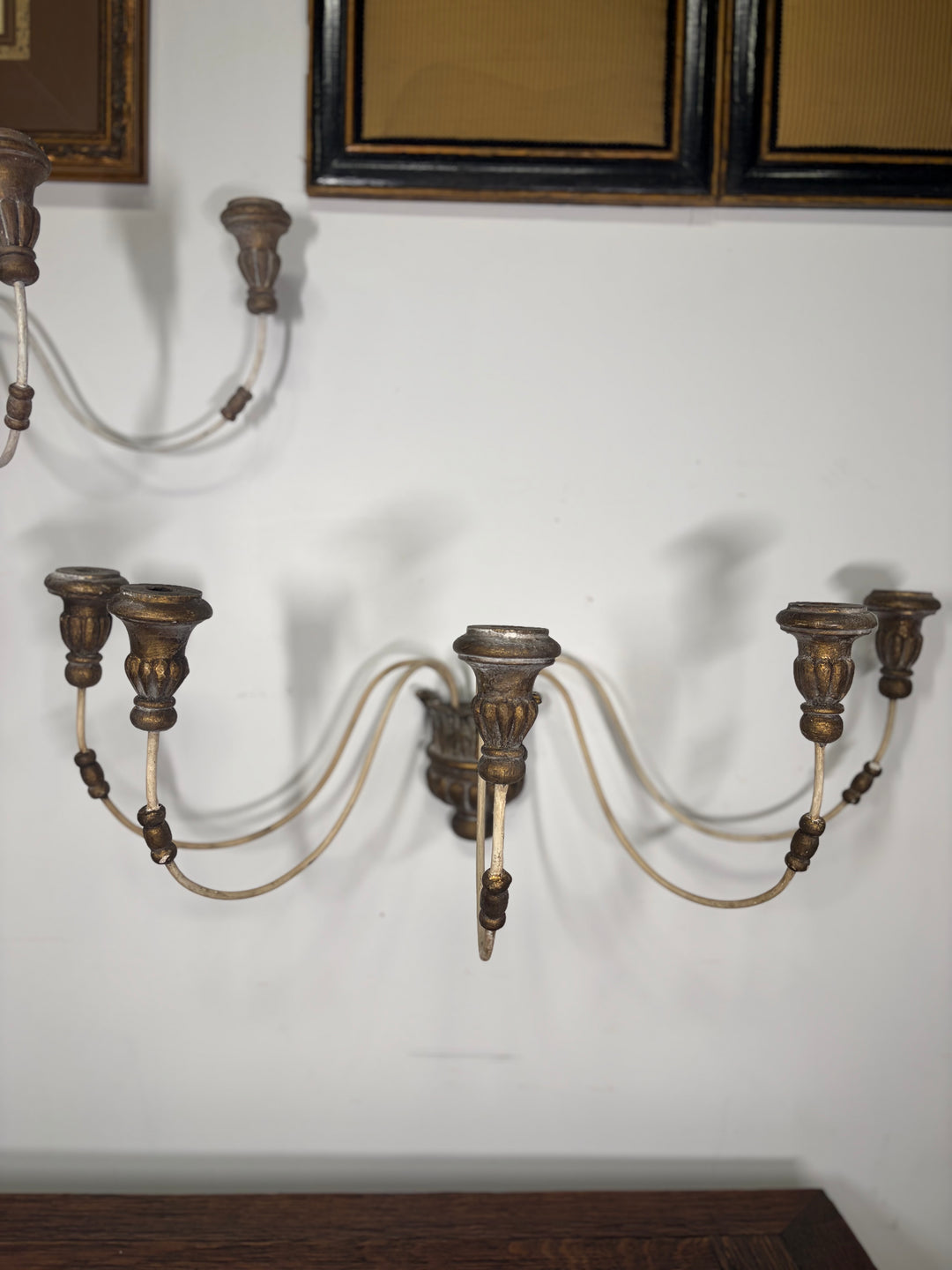 Pair of 5-Arm Wall Sconces – White Wash Distressed Finish