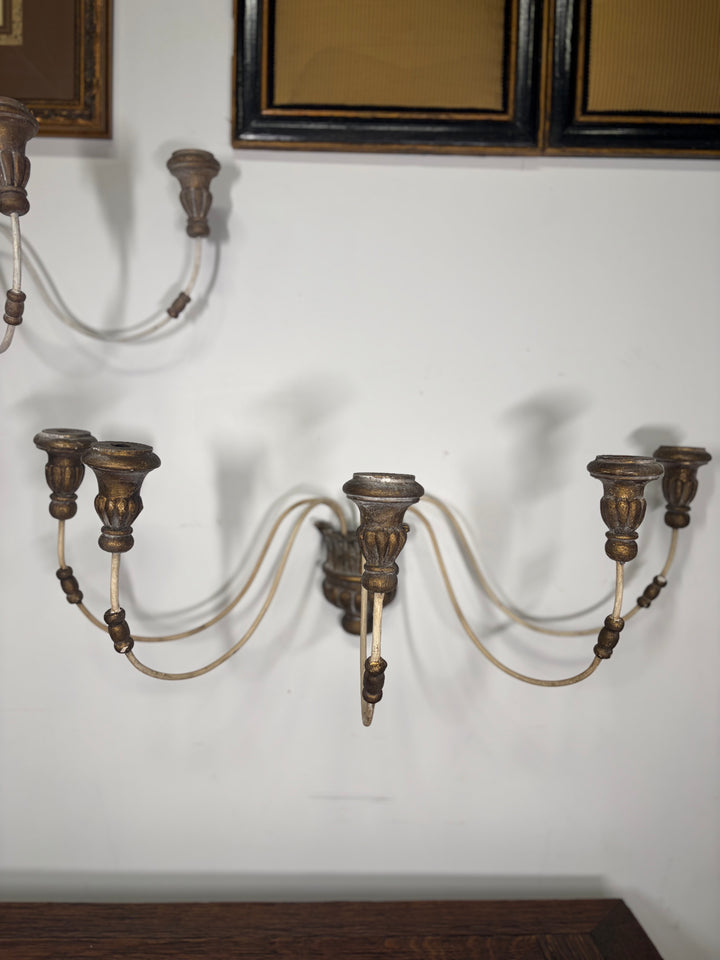 Pair of 5-Arm Wall Sconces – White Wash Distressed Finish