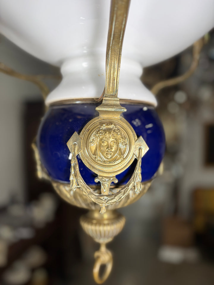 Neoclassical Brass and Cobalt Porcelain Chandelier with Opaline Glass Bowl