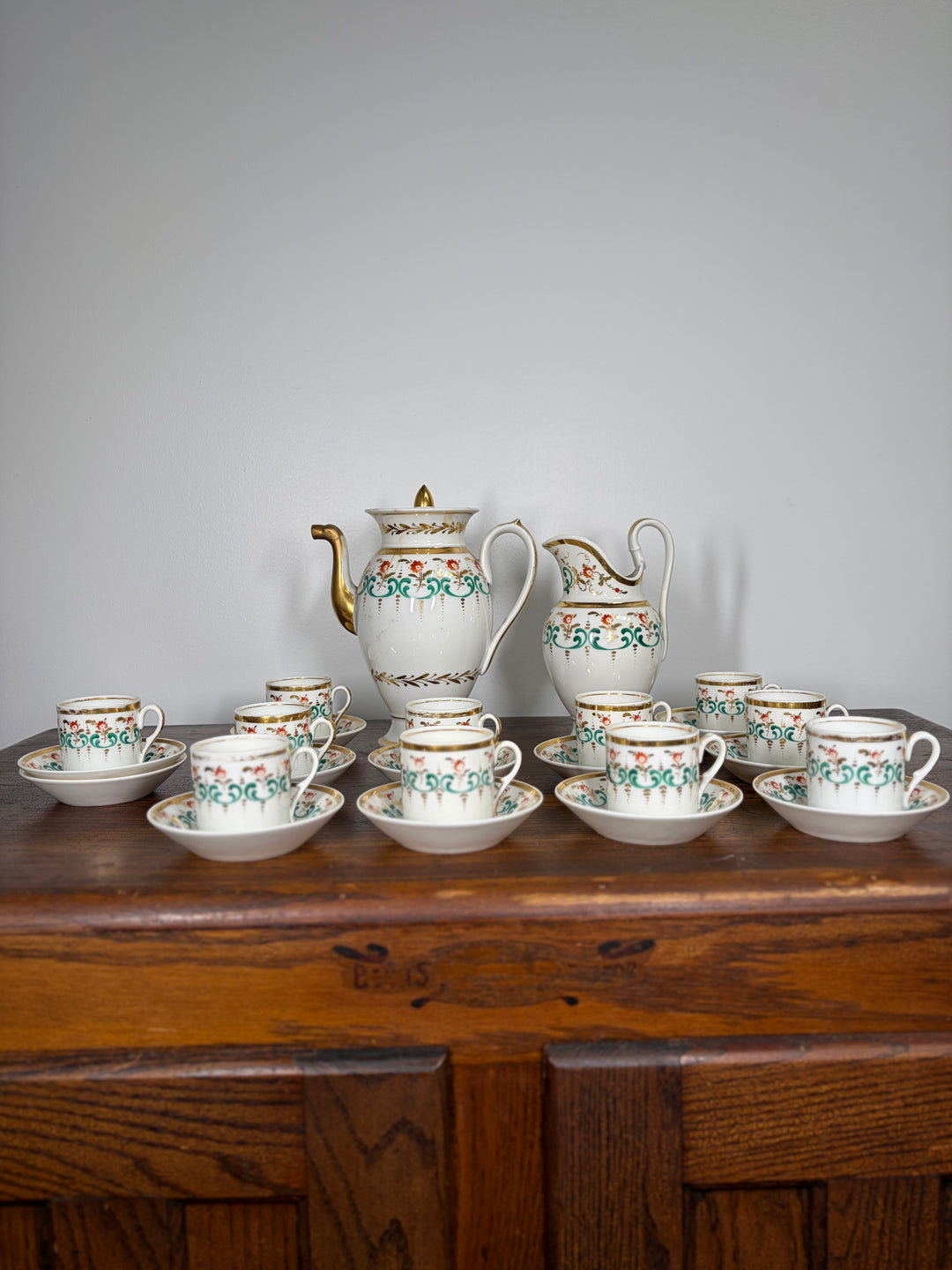 Antique Porcelain Tea/Coffee Service Set with Green Scrollwork & Gilt Decoration