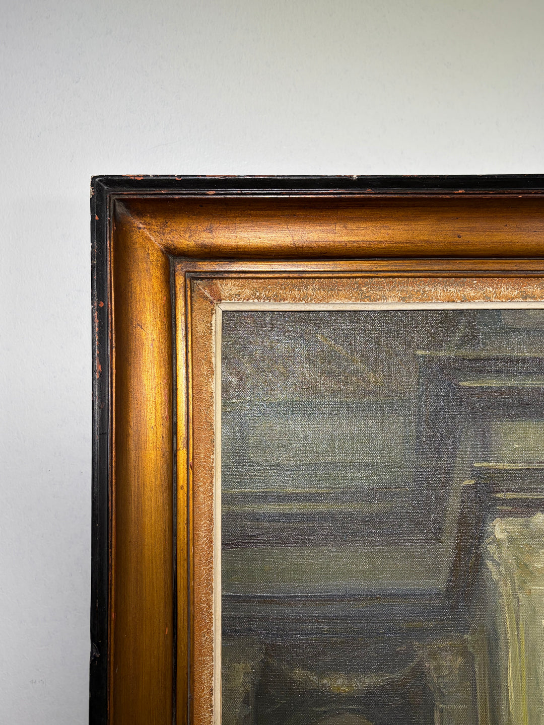 Framed Oil Painting of Church Interior with Columns