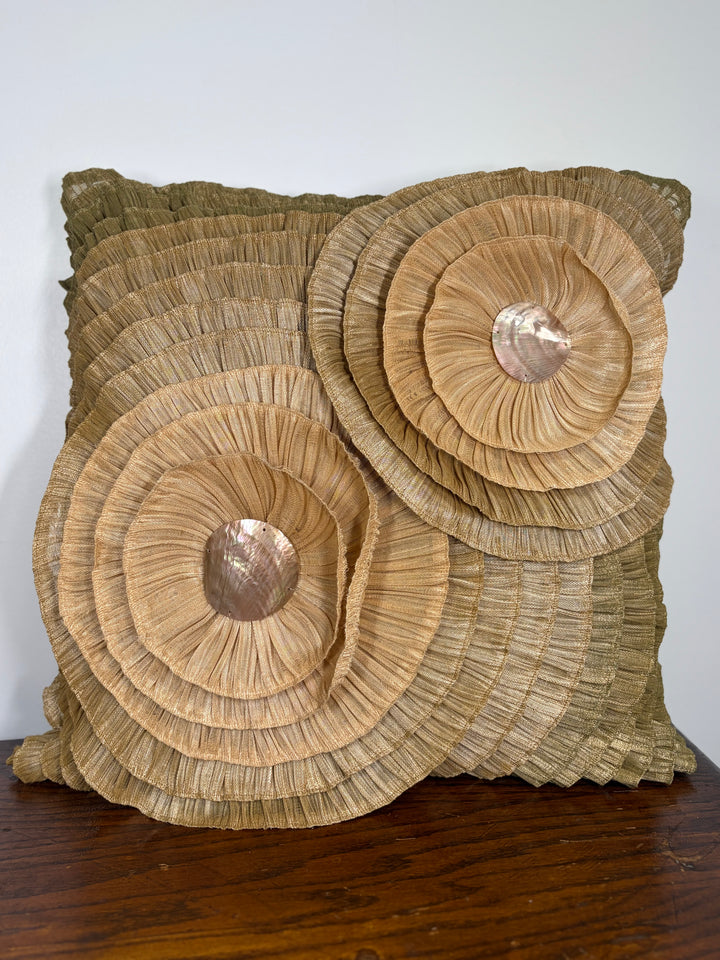 Pair of Decorative Throw Pillow with Pleated Fabric Rosettes