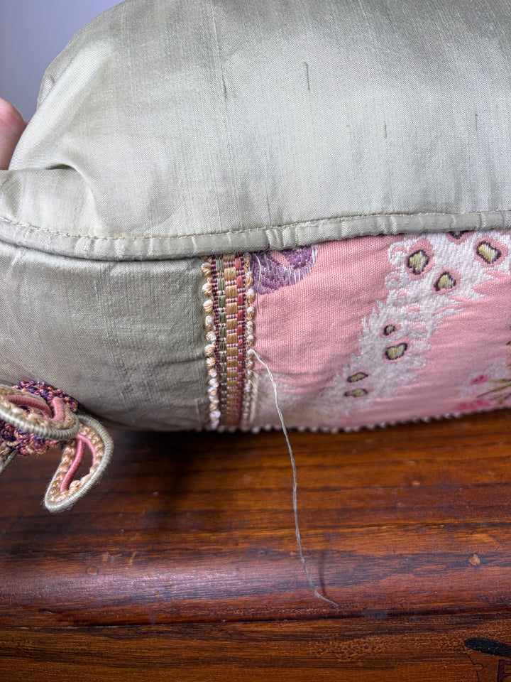 Pink & Green Floral Brocade Decorative Pillow with Corner Bows