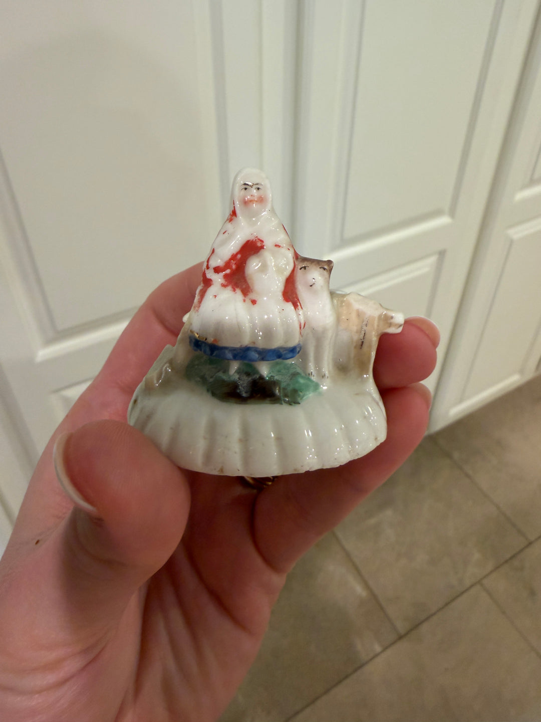 Miniature Porcelain Figural Trinket Box with Woman and Dog