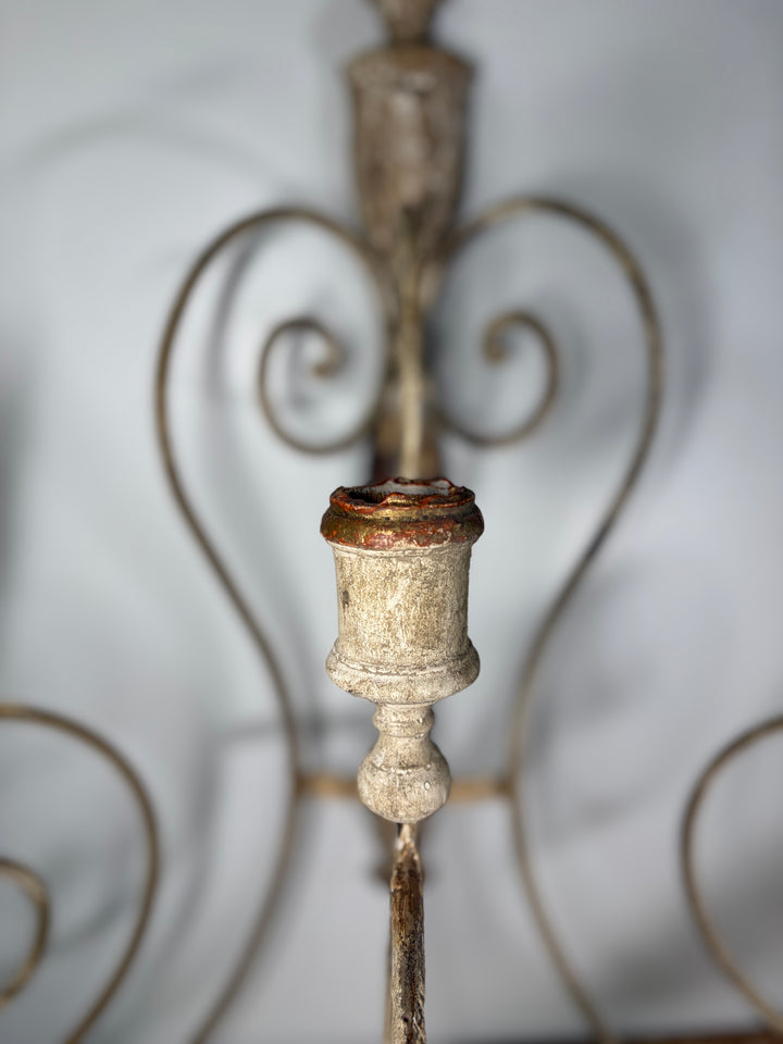 Pair of Painted Iron & Wood Three-Arm Wall Candle Sconces