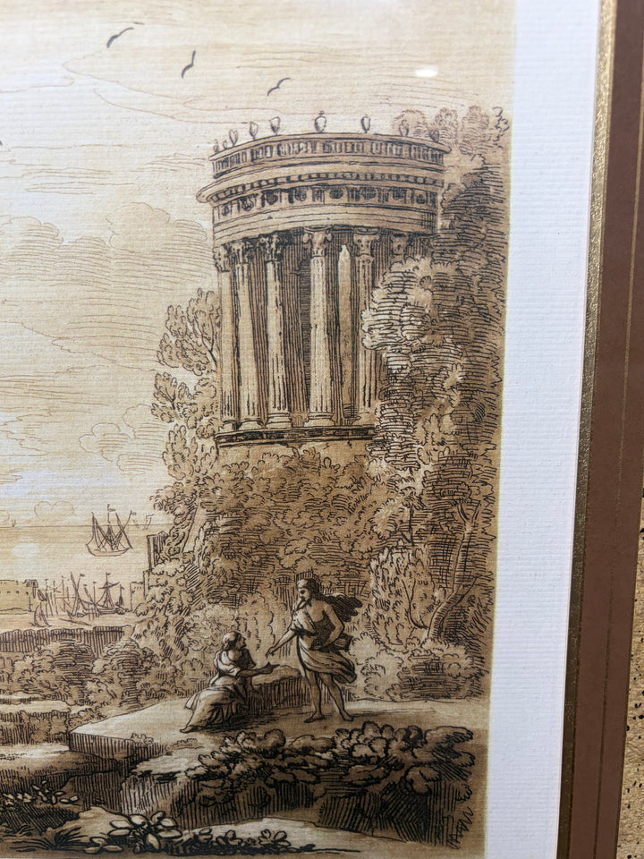 Framed Engraving After Claude Lorraine – Classical Landscape with Ruins