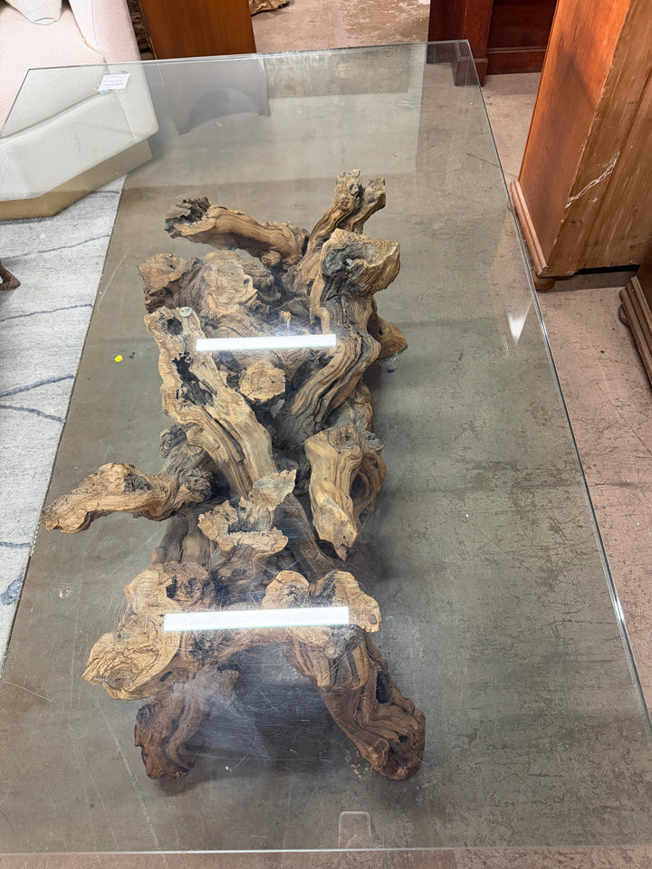 Vintage Glass-Topped Driftwood Coffee Table
