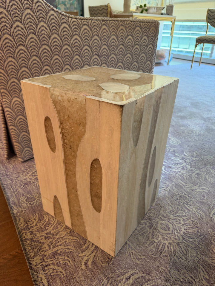 Whitewashed Wood Block Side Table or Pedestal with Oval Cutouts