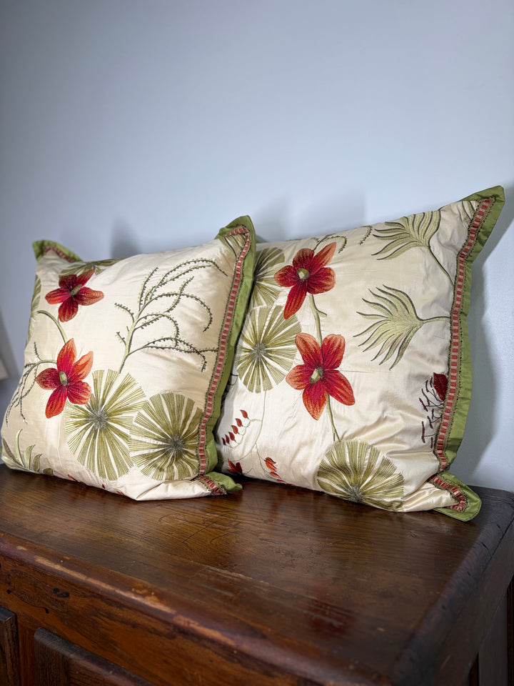 Pair of Embroidered Floral Decorative Throw Pillows