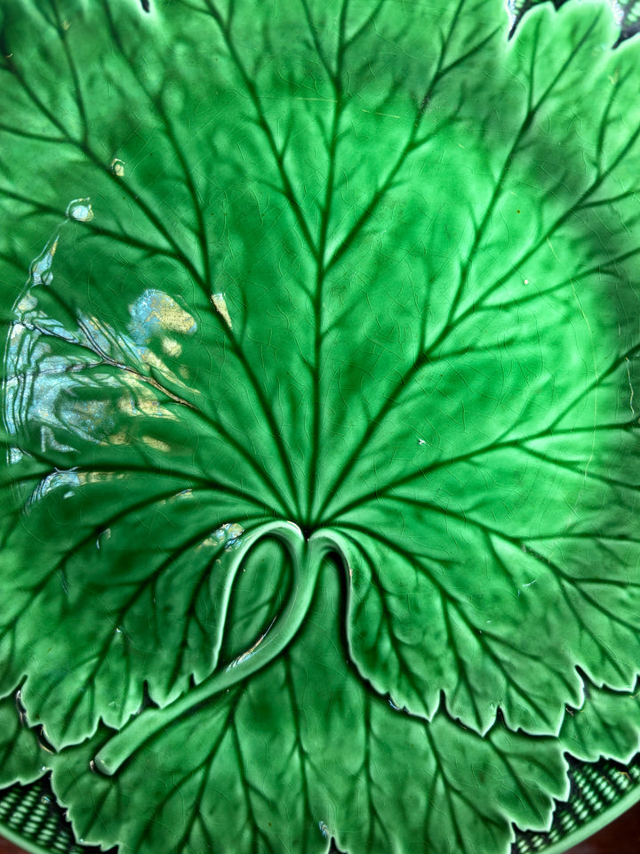 Pair of Green Majolica Leaf Pattern Plates