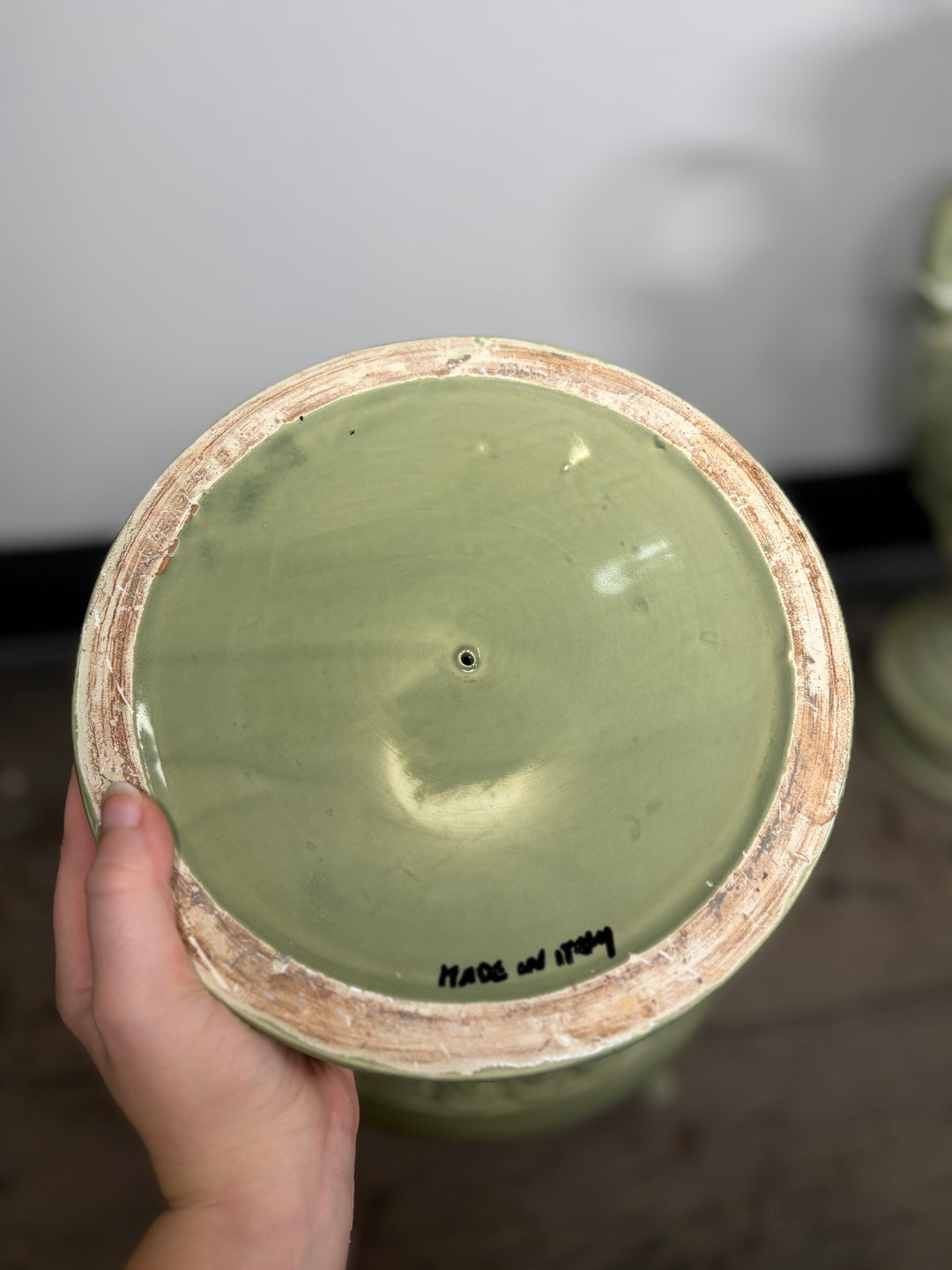 Pair of Celadon Green Ceramic Lidded Urns with Handles