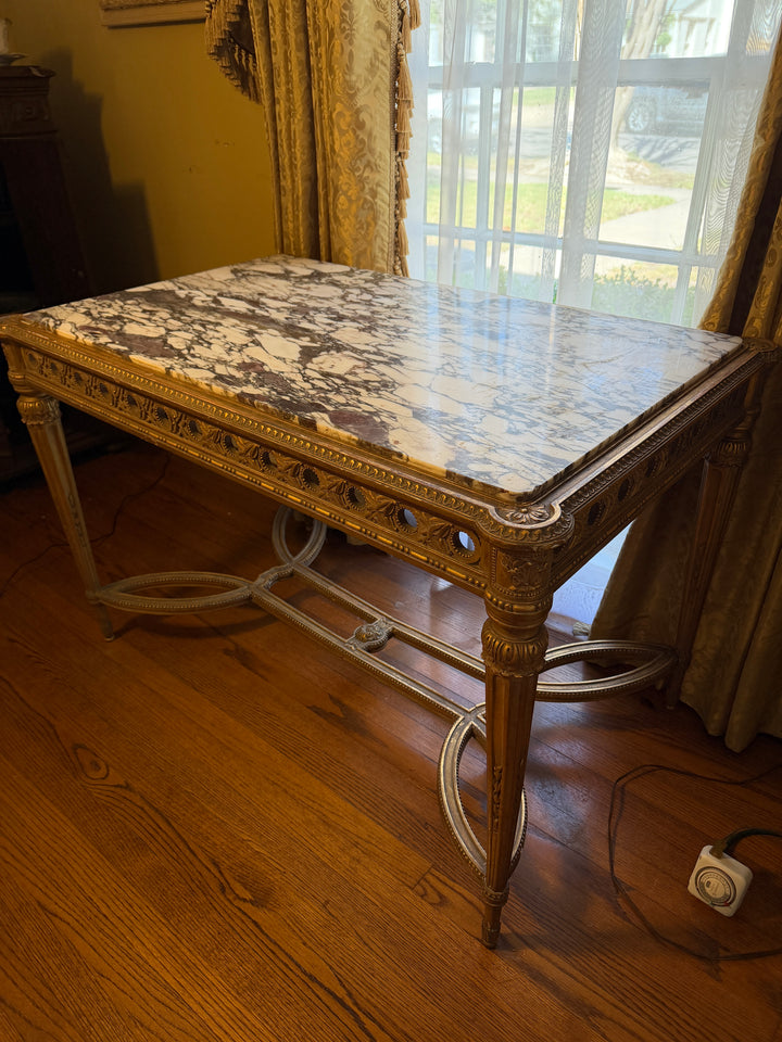 French Louis XVI Style Gilt Wood Marble Top Table