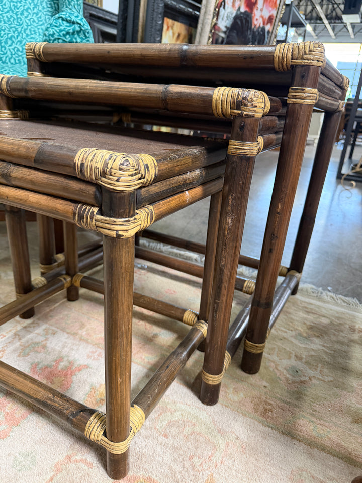 3 Vintage Wood and Rattan Nesting Tables
