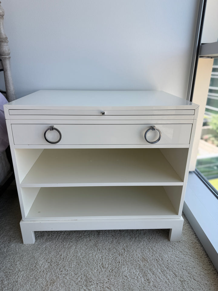 White Lacquered Nightstand with Ring Pulls and Open Shelves