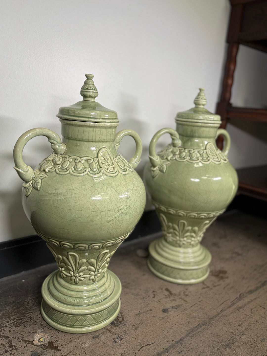 Pair of Celadon Green Ceramic Lidded Urns with Handles