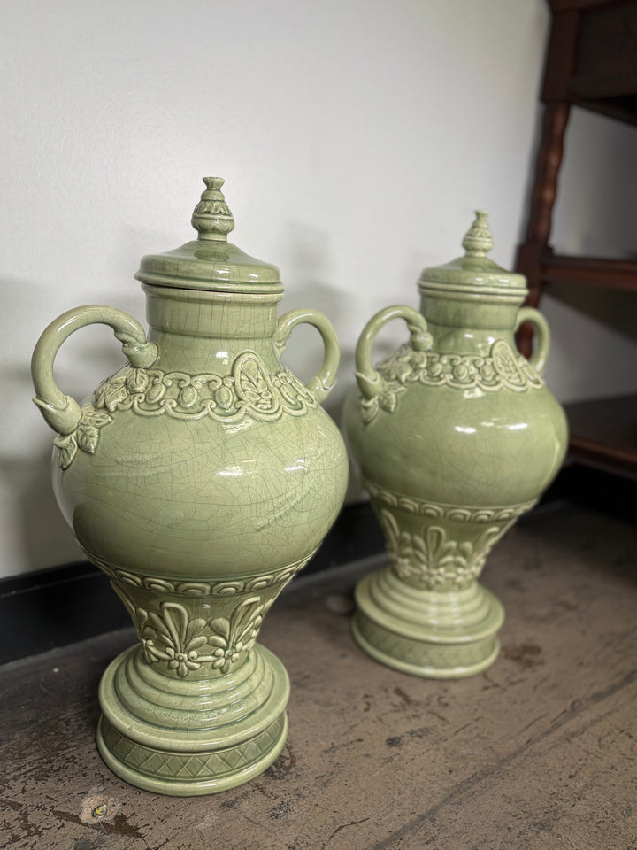 Pair of Celadon Green Ceramic Lidded Urns with Handles