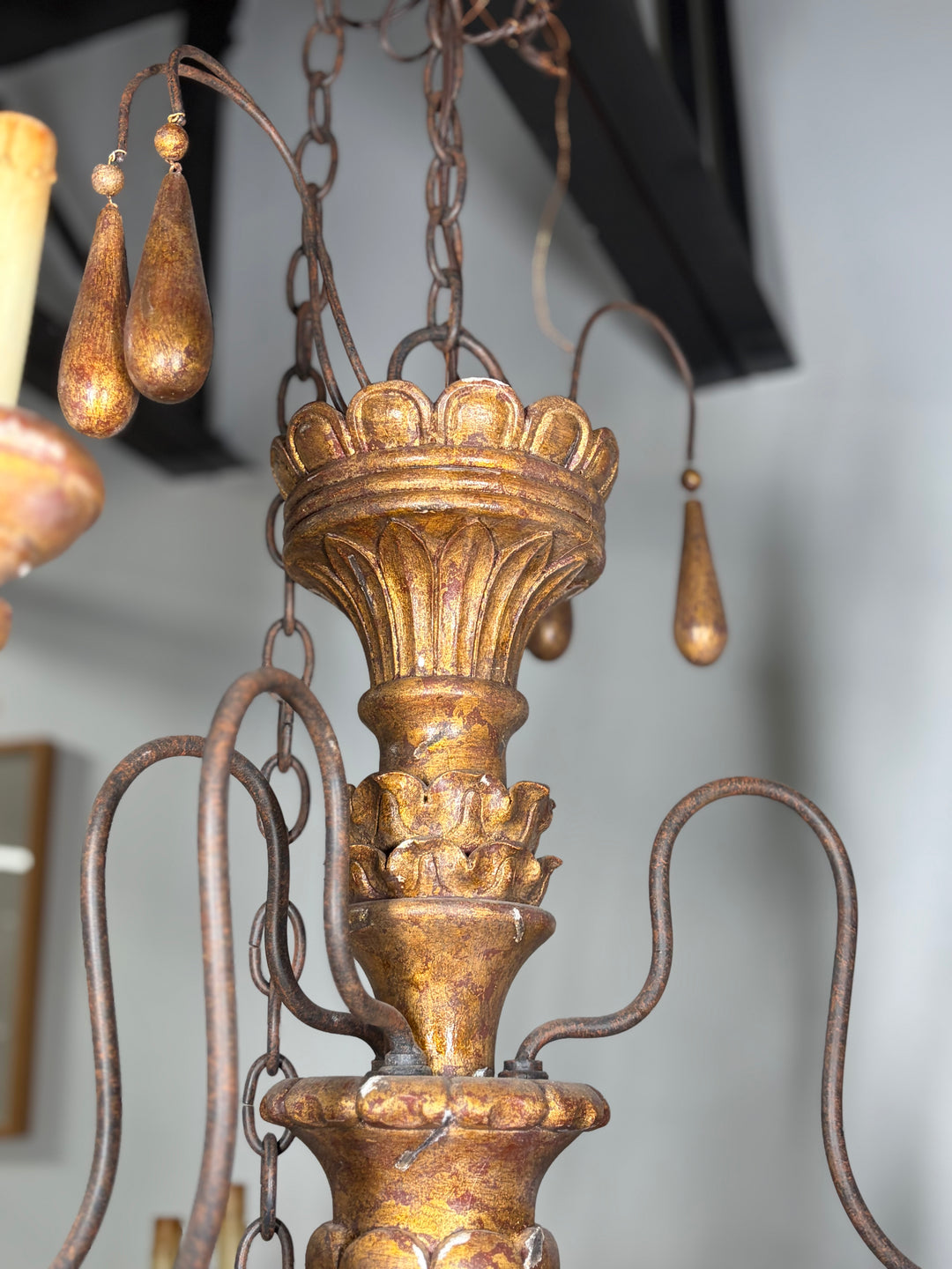 Large Gold Multi-Arm Chandelier with Carved Column