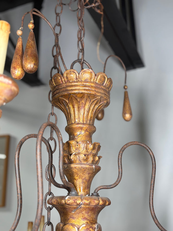 Large Gold Multi-Arm Chandelier with Carved Column