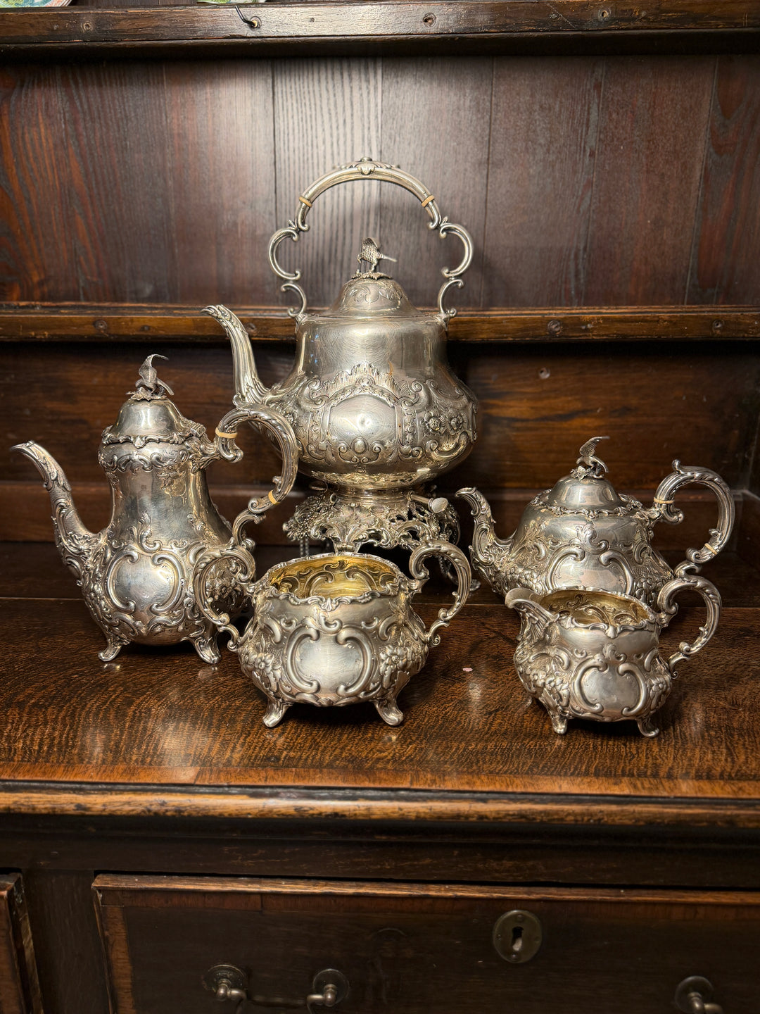 English Victorian Sterling Silver Tea & Coffee Service, Louis XV Pattern