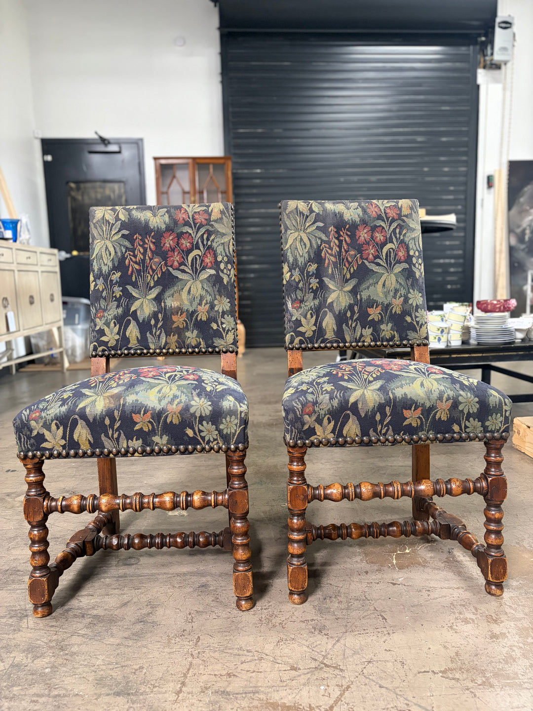 Pair of Barley Twist Dining Chairs with Tapestry Upholstery