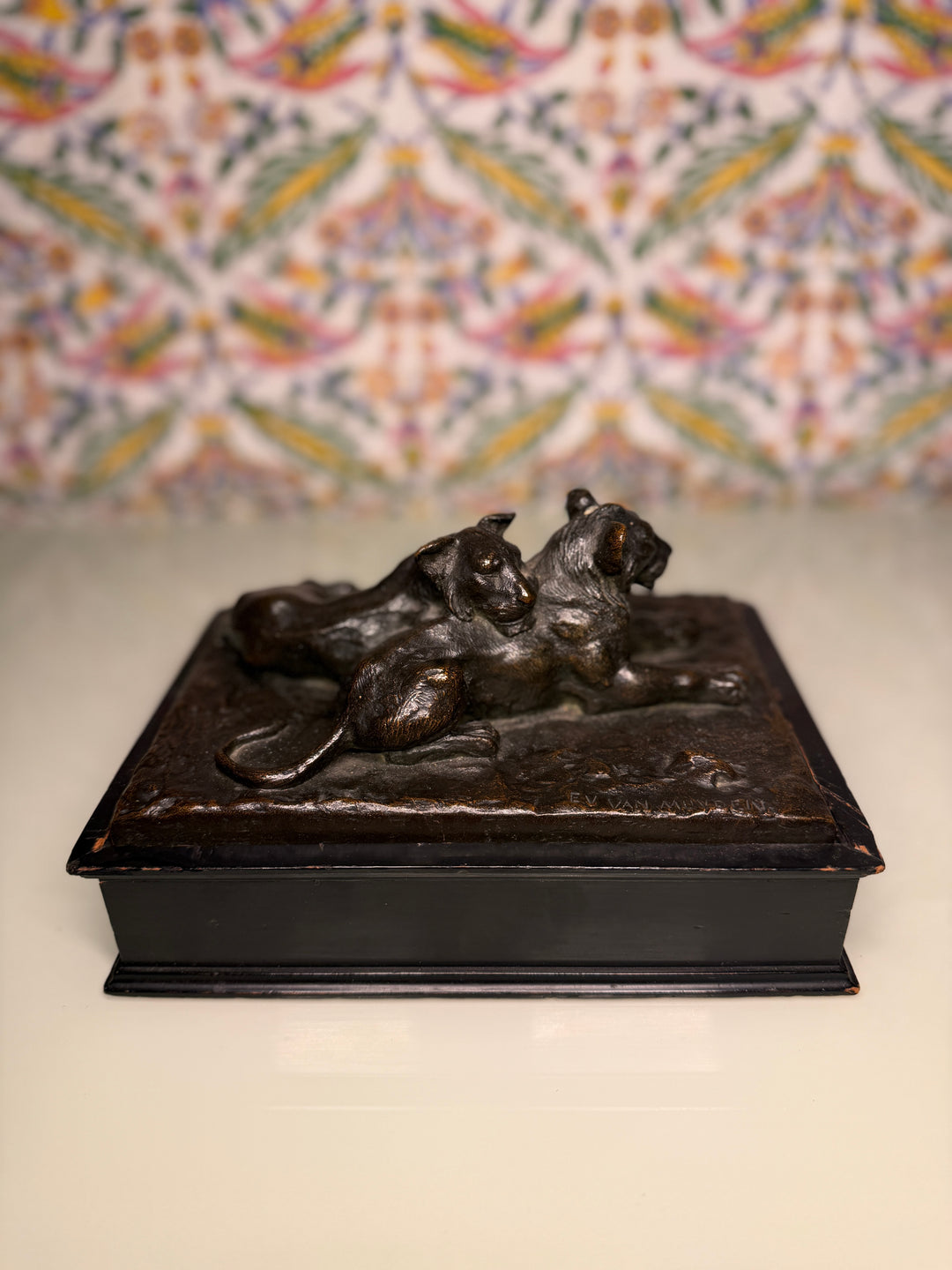 Bronze Sculpture of Lion Cubs by E.V. Van Mundent & Signature