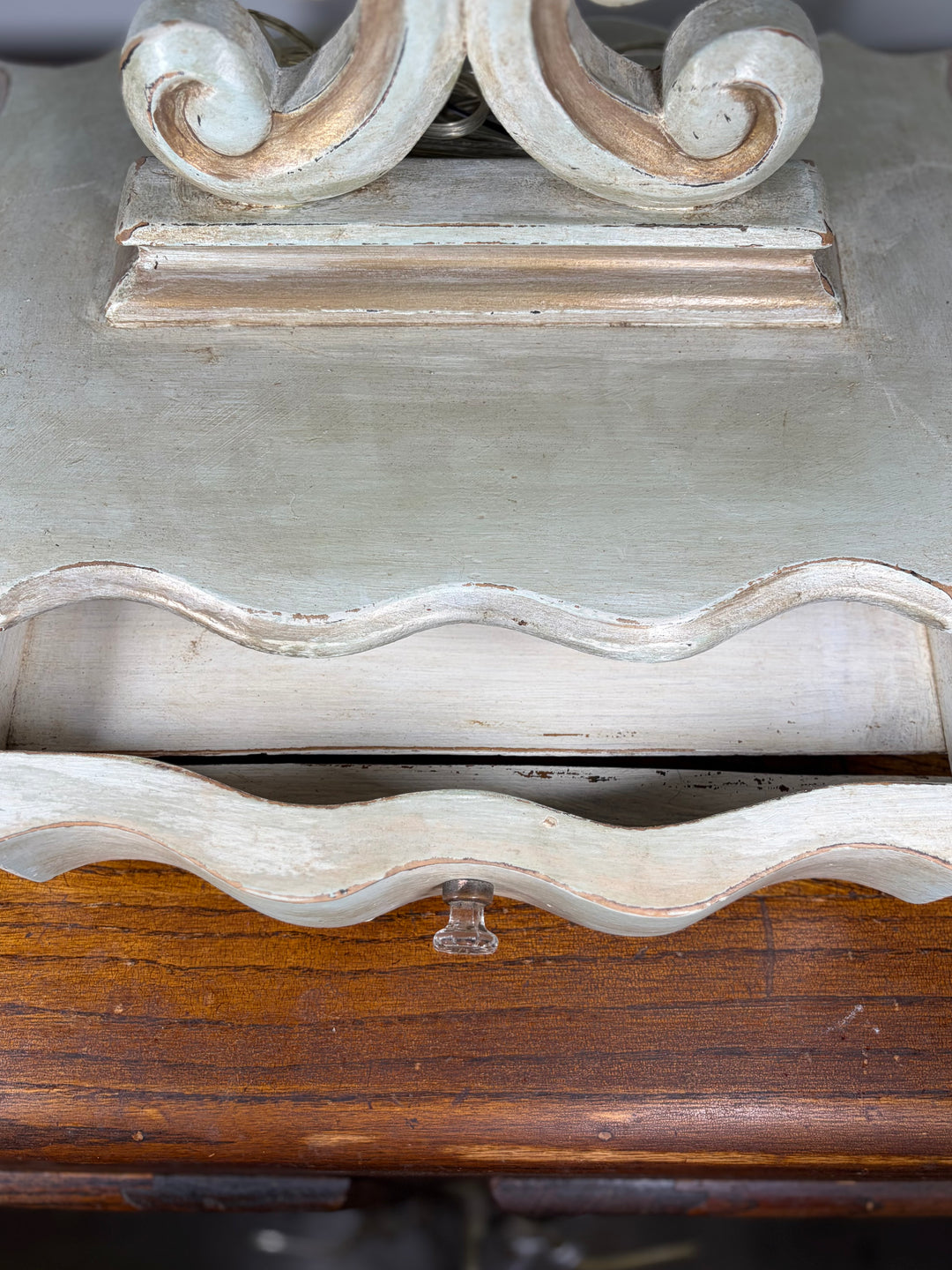 Baroque-Style Vanity Mirror with Candelabra Arms and Jewelry Box Base