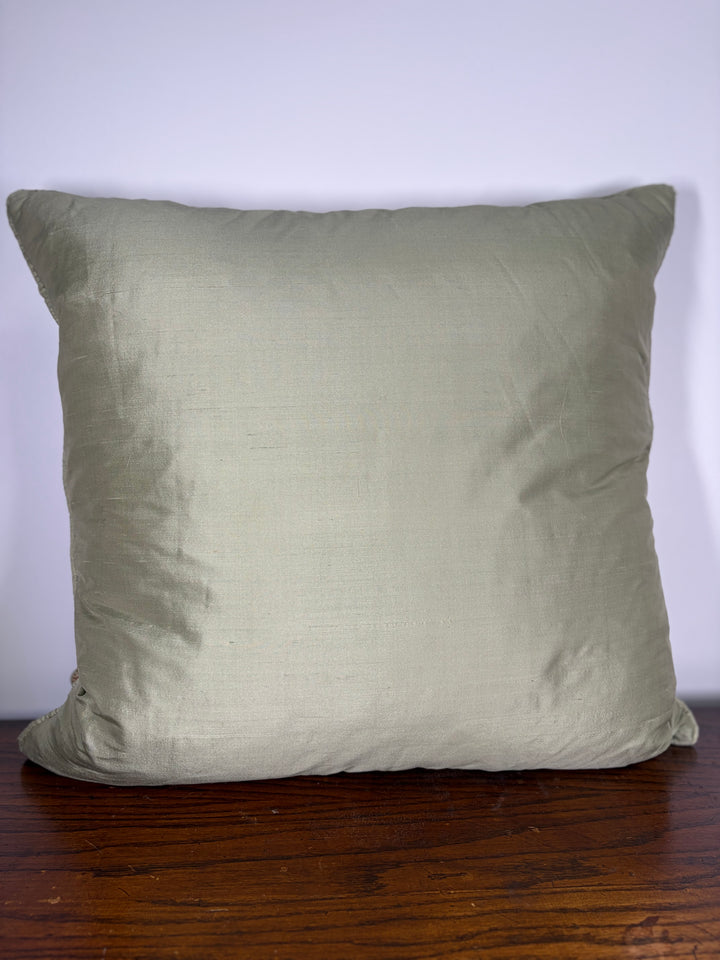 Pink & Green Floral Brocade Decorative Pillow with Corner Bows