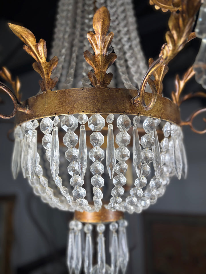 Empire-Style Gilt Metal and Crystal Basket Chandelier