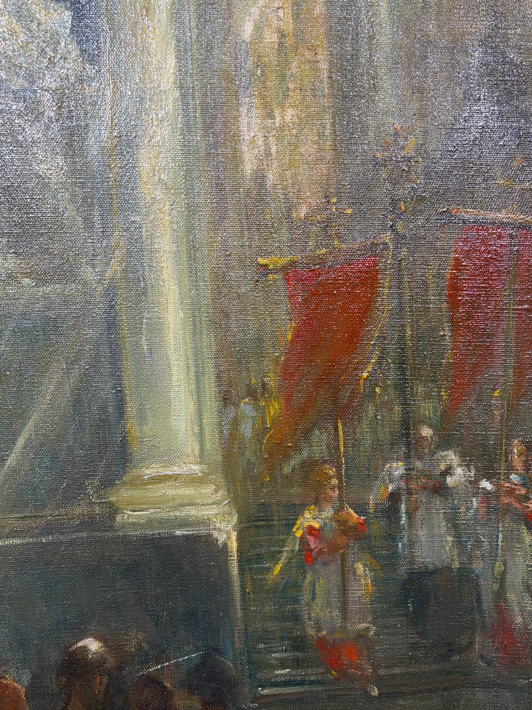 Framed Oil Painting of Church Interior with Columns