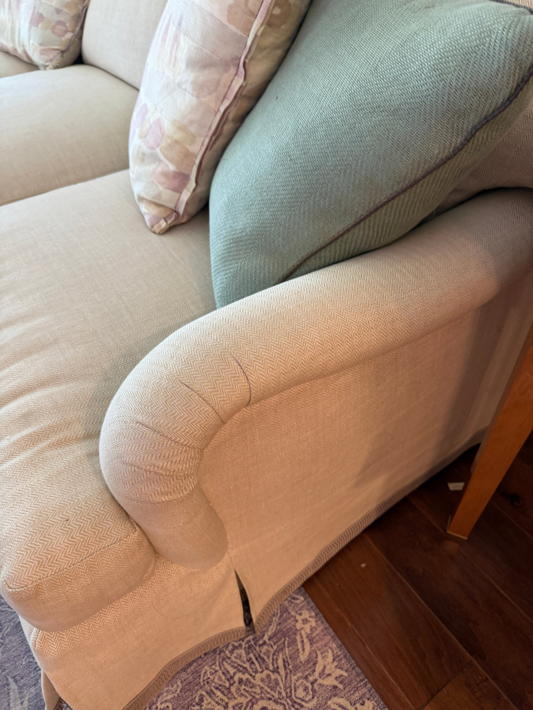 Three-Seat Skirted Sofa in Cream Woven Fabric