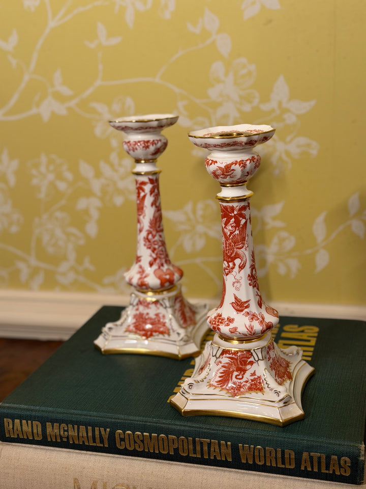 Royal Crown Derby Red Aves Candlesticks