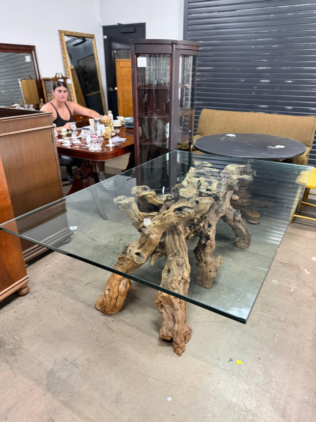 Vintage Glass-Topped Driftwood Coffee Table