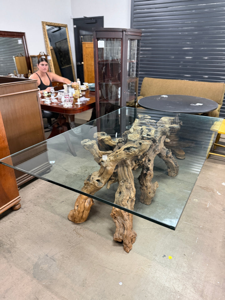 Vintage Glass-Topped Driftwood Coffee Table