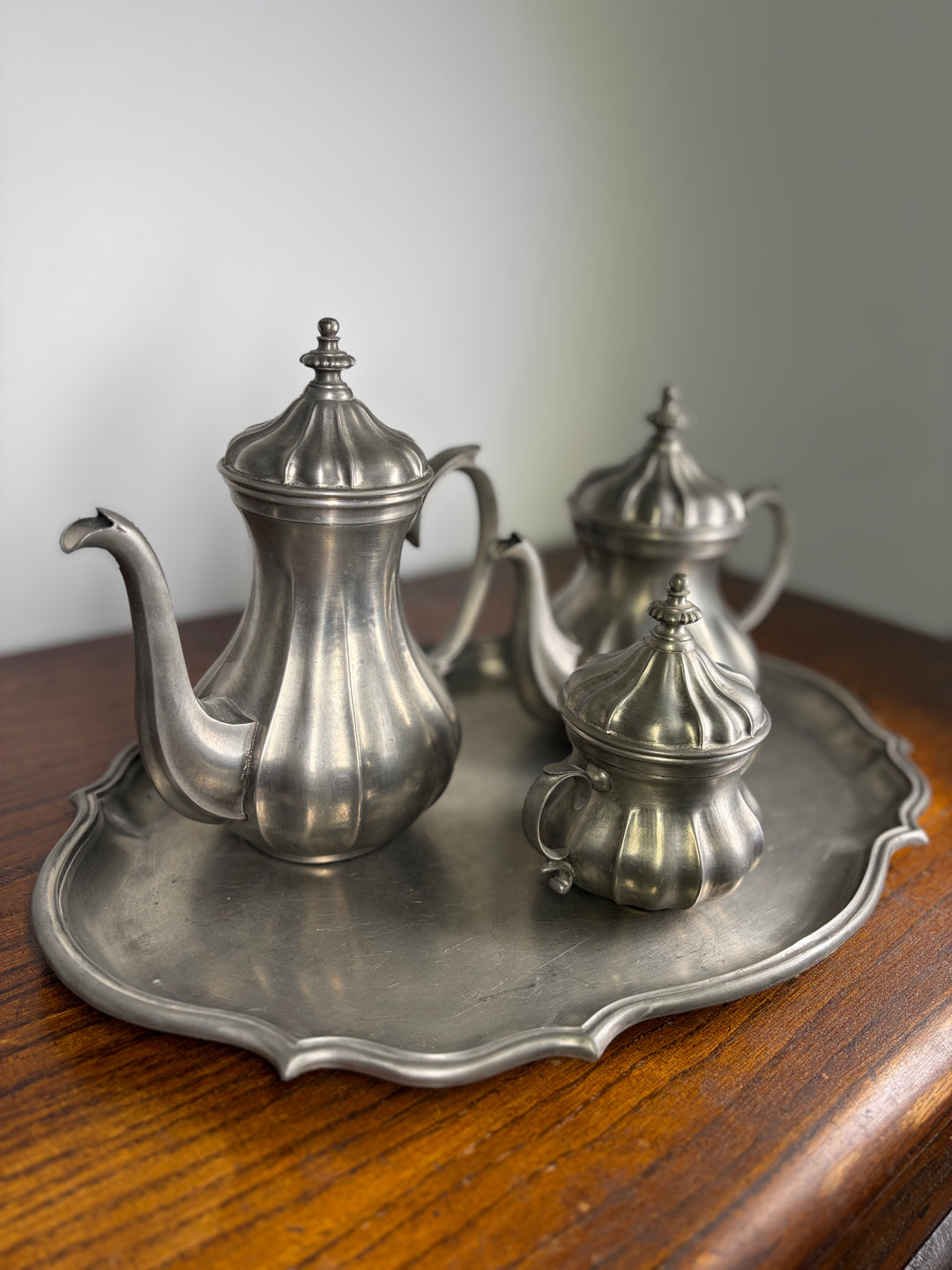 Pewter Tea Set on Tray (4 Pieces)
