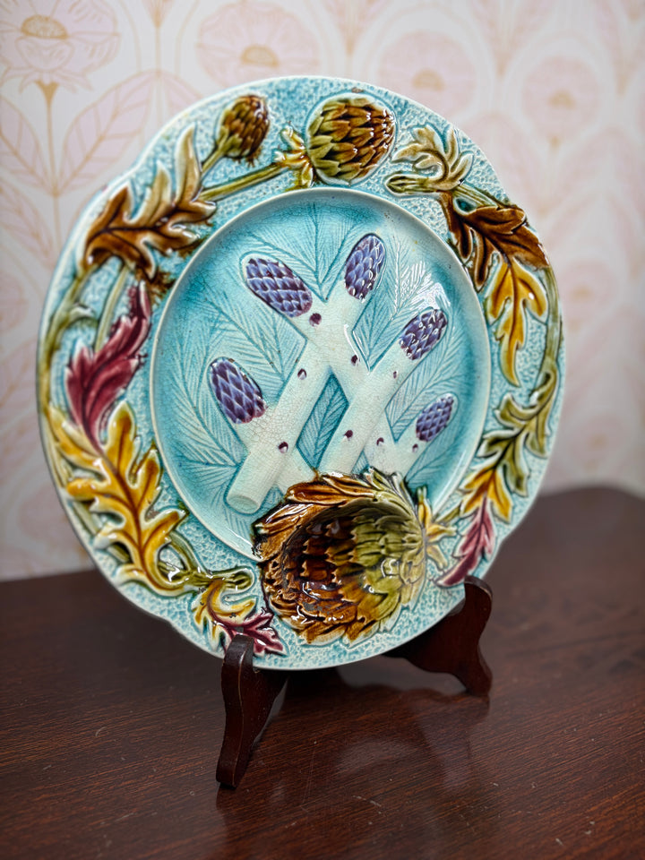 Majolica Asparagus and Artichoke Plate with Sauce Well