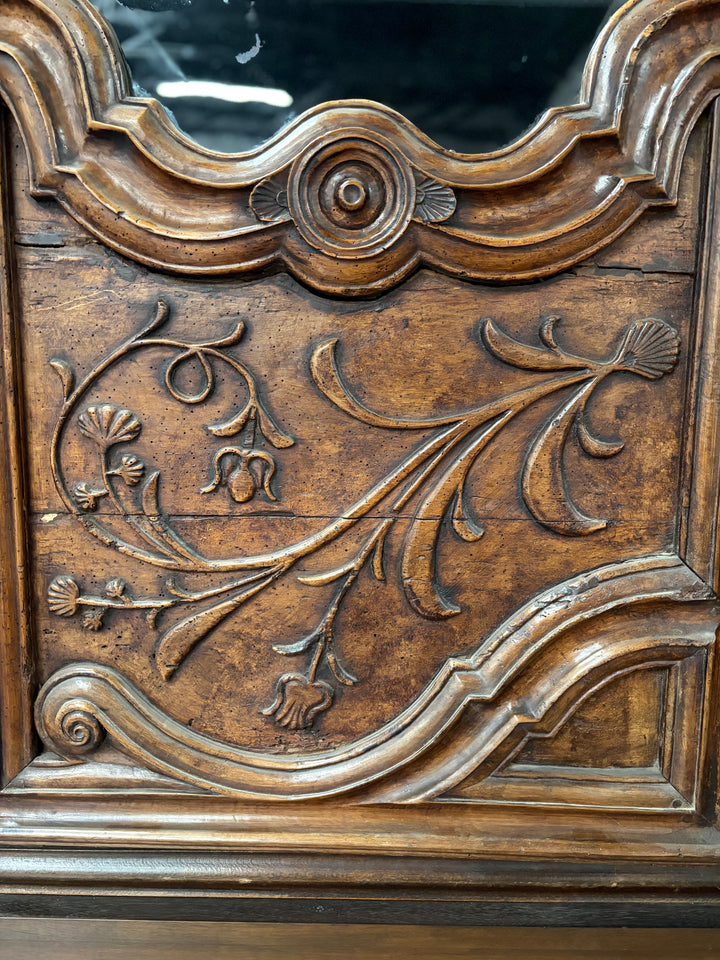 Large Carved Walnut Display Cabinet with Glass Doors
