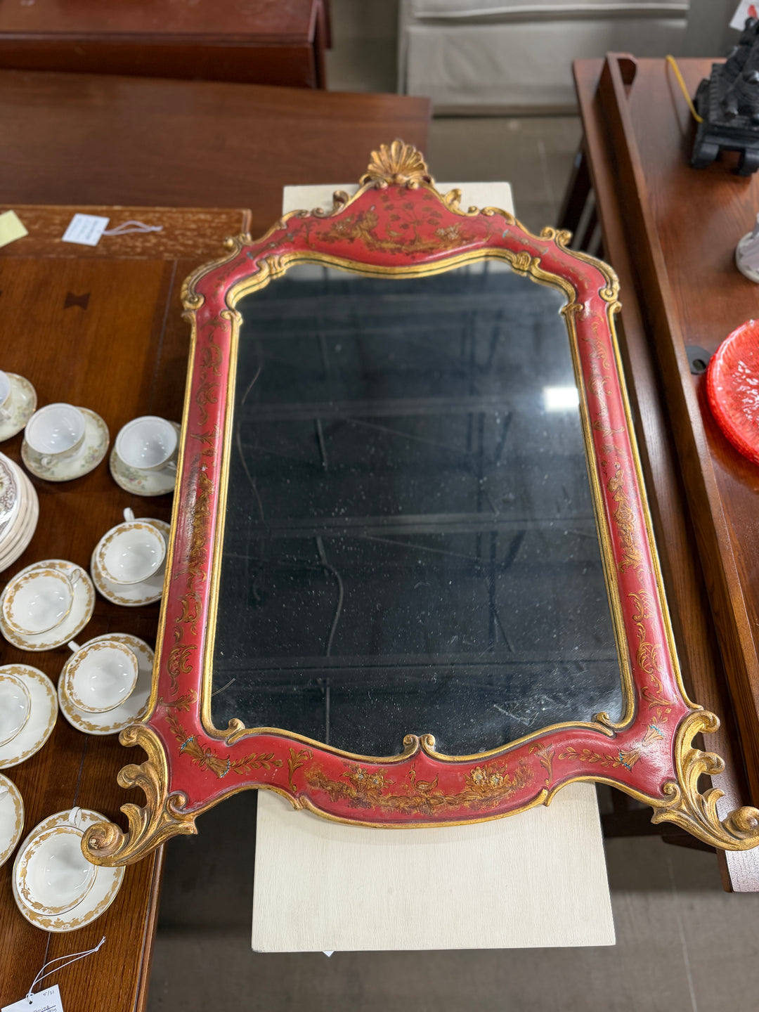 20th Century Hand Carved Gilt and Red Painted Mirror