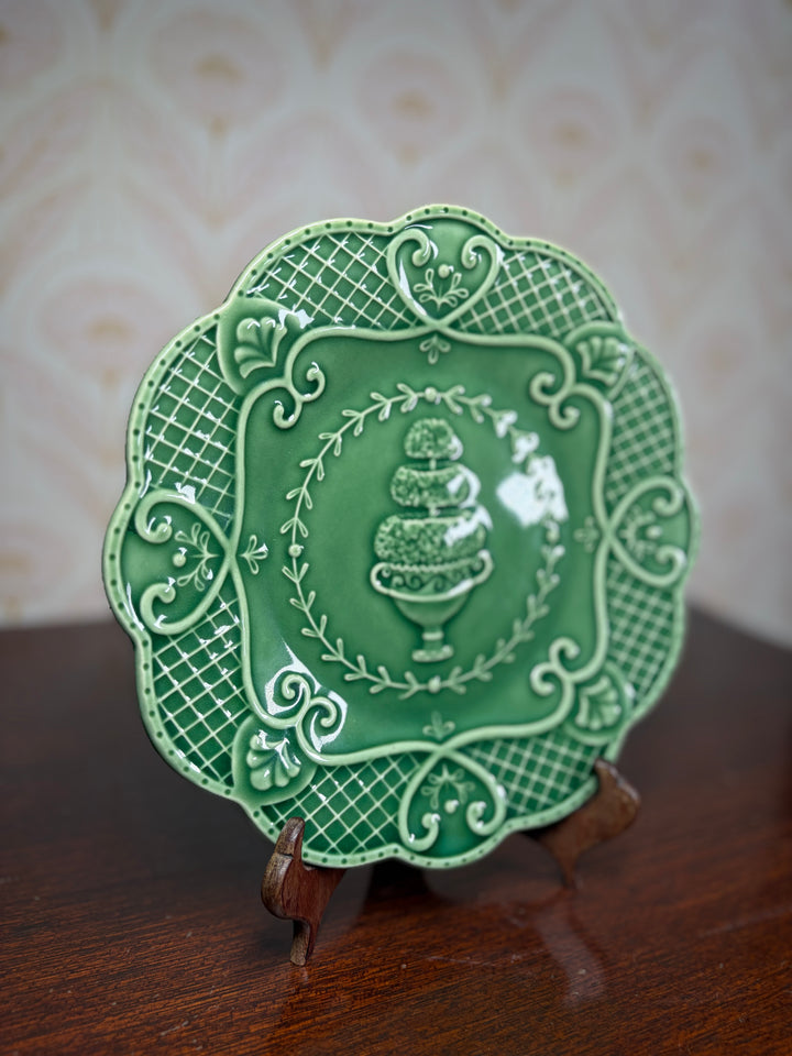 Green Hedgewood Glazed Ceramic Plate with Topiary Motif
